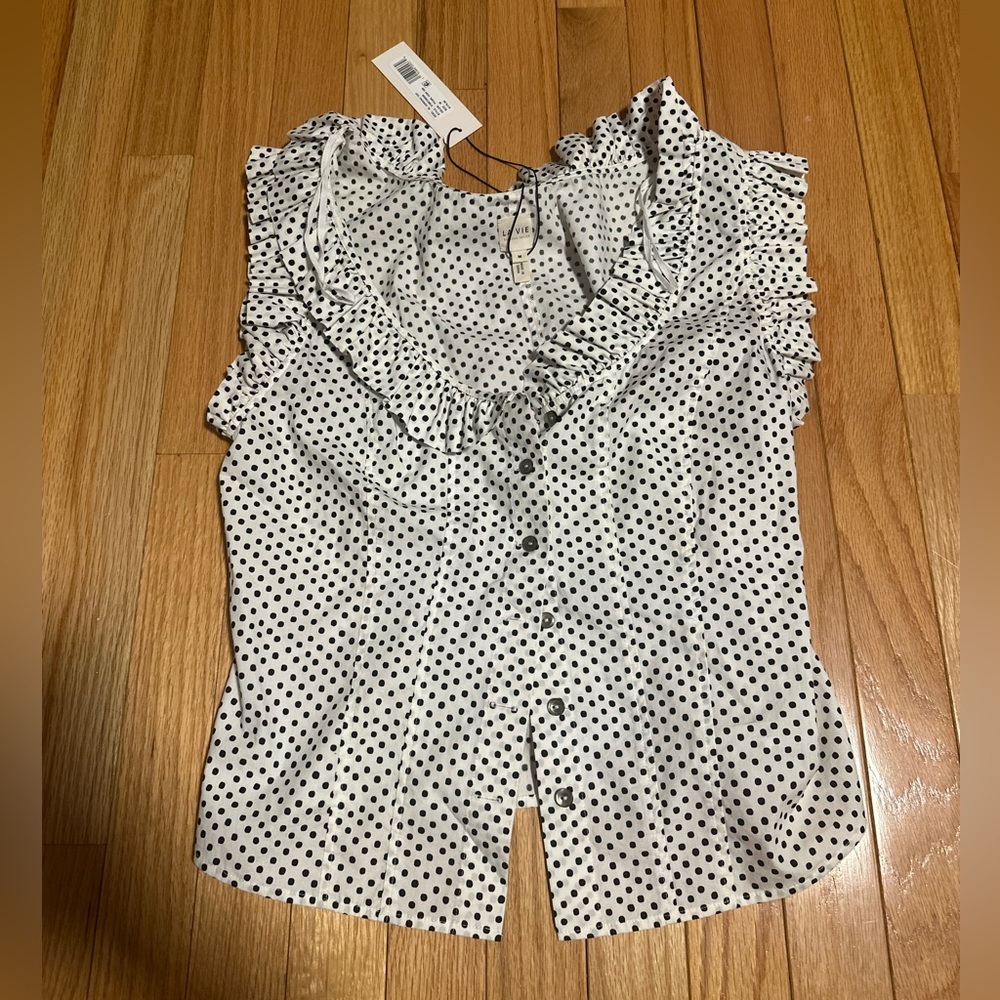 NWT (M) Polka Dot Ruffle Button-Front Blouse - White/Black